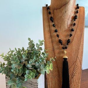 Gold pendant statement necklace with black beads and tassel ✨